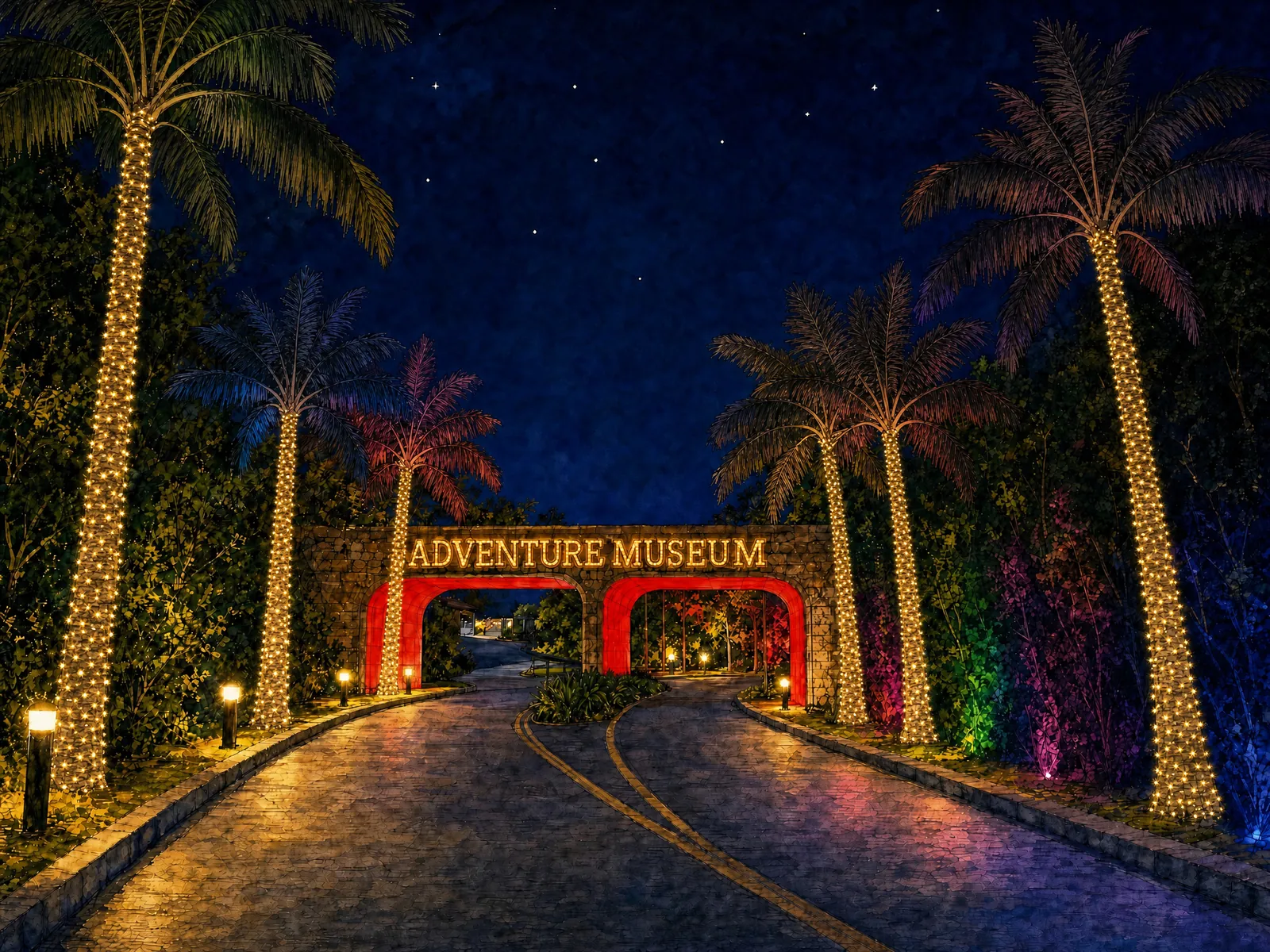 ADVENTURE MUSEUM の文字が光る橋のゲート。電飾を巻いたヤシと、色とりどりに照らされた林