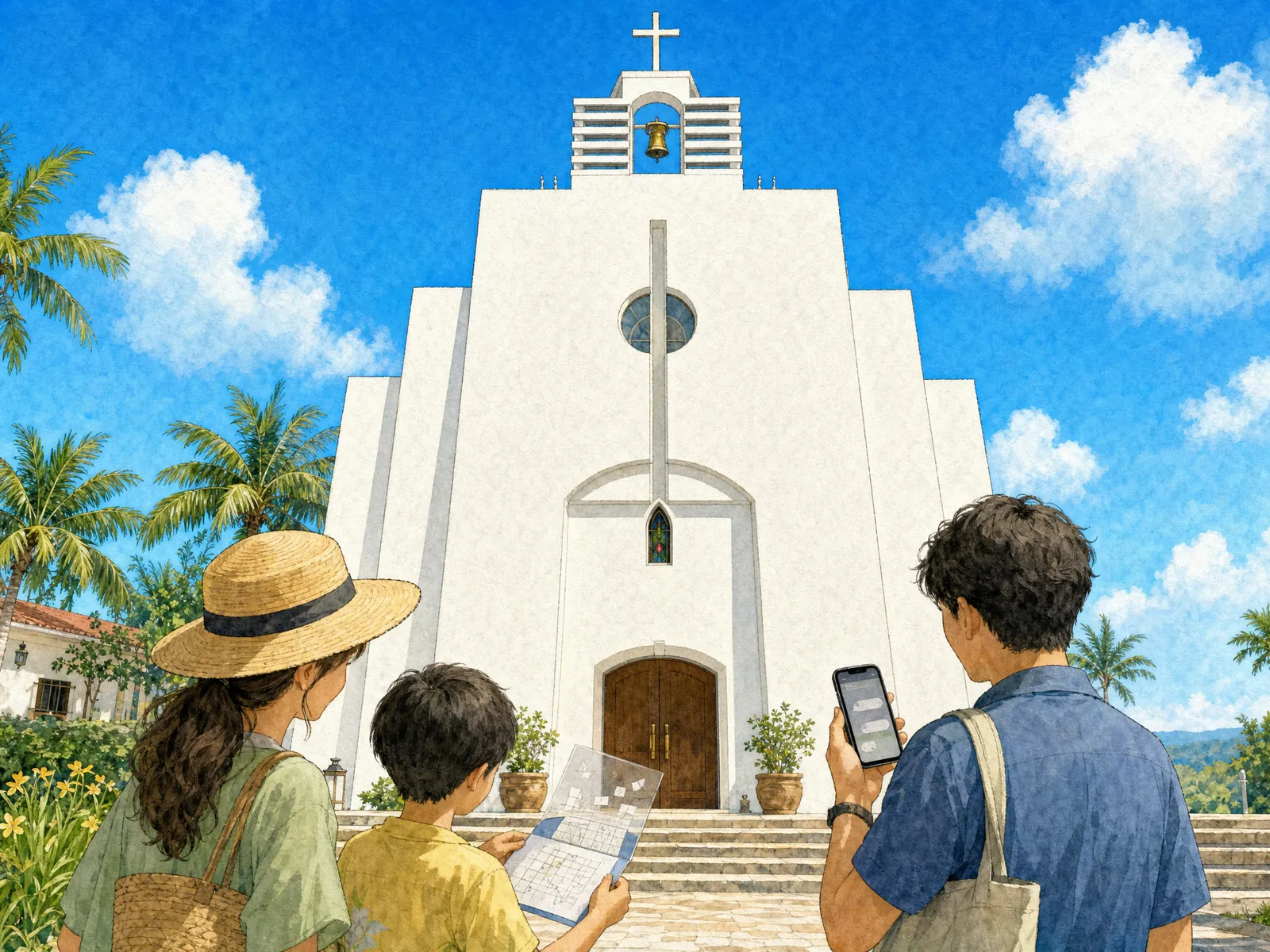 昼のステラ教会の前で、冊子とスマホを手に謎を解く家族