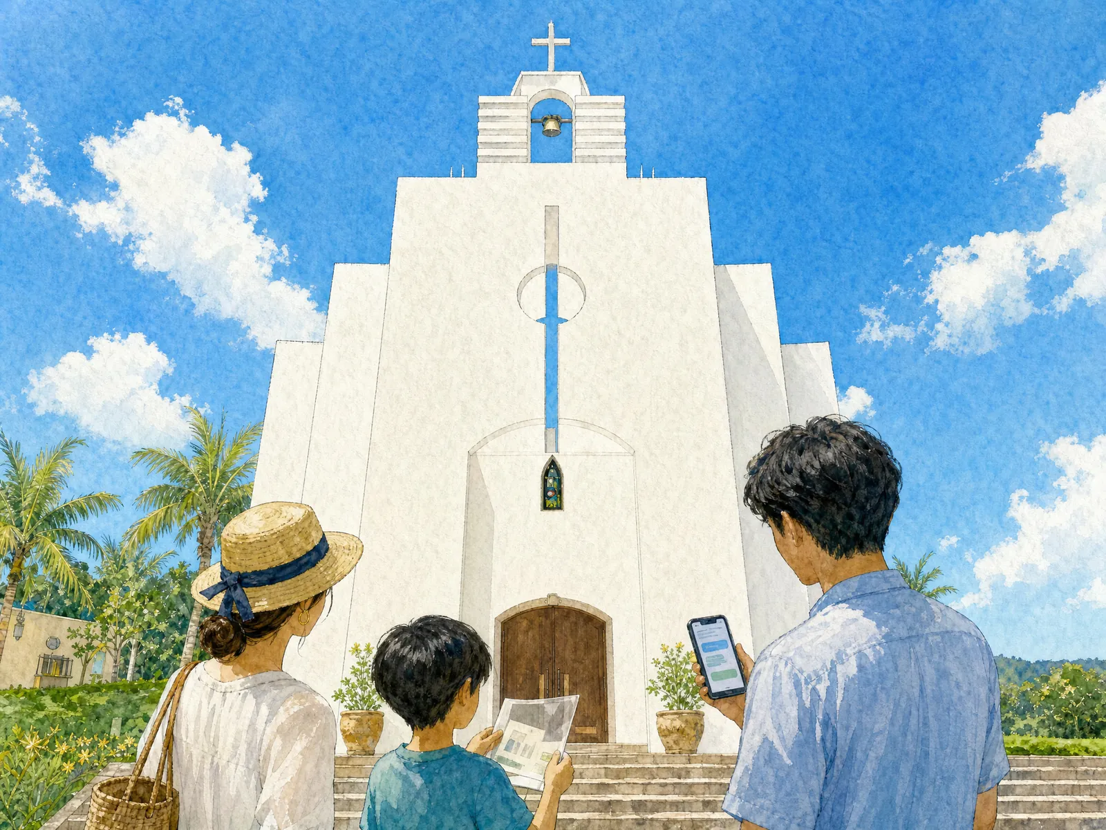 昼のステラ教会の前で、冊子とスマホを手に謎を解く家族